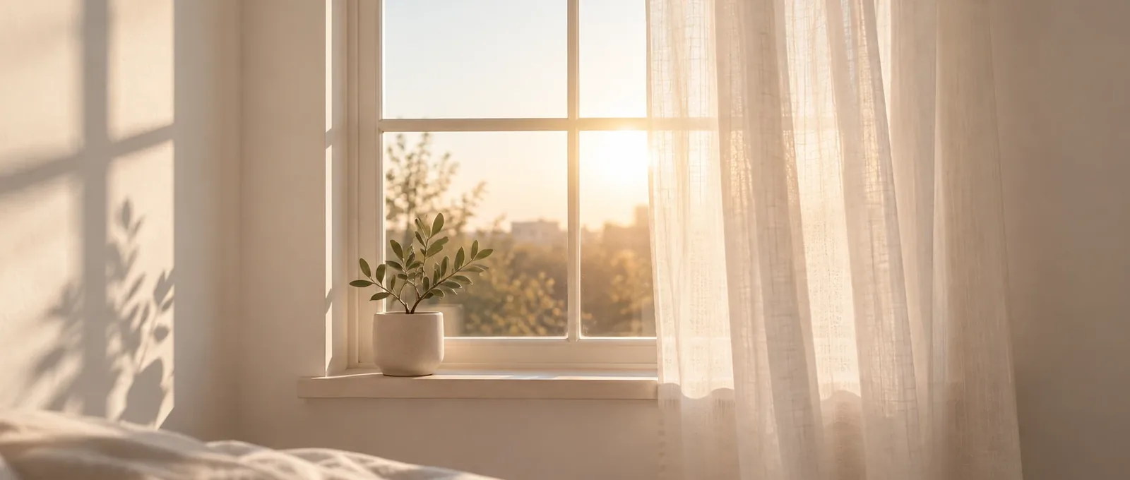 Morgenlicht fällt durch ein Fenster mit leichtem Leinenvorhang, auf der Fensterbank steht eine kleine Pflanze.