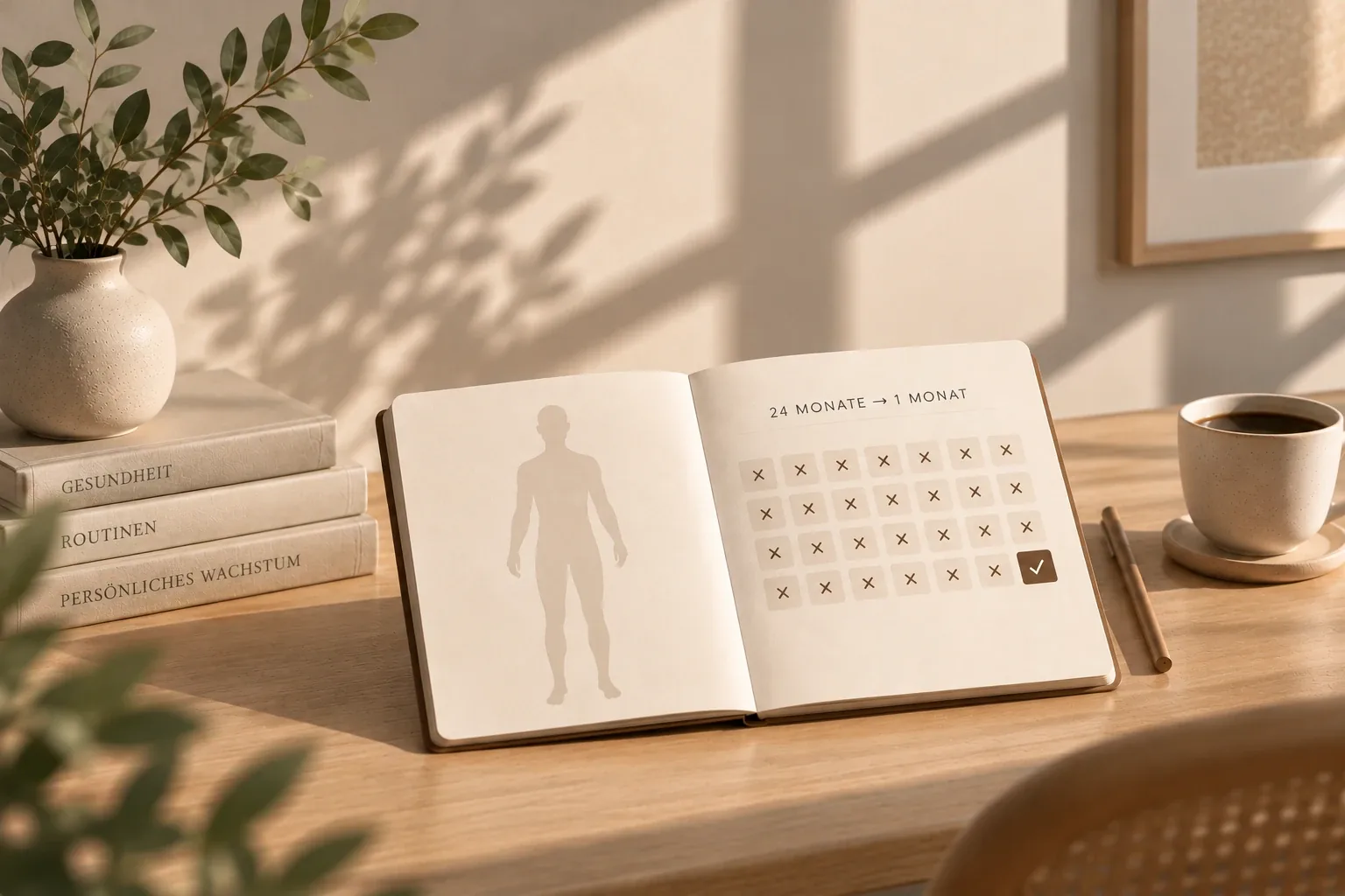 Ein aufgeschlagenes Notizbuch auf einem hellen Holztisch mit der Überschrift „24 Monate → 1 Monat“ und 28 Kästchen, das letzte mit einem Haken. Daneben Bücher, eine Vase mit Eukalyptus und eine Tasse Kaffee.
